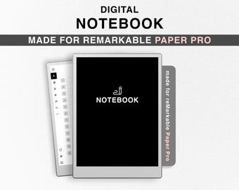 Może przedstawiać: Szablon cyfrowego notesu zaprojektowany dla tabletu reMarkable Paper Pro. Szablon zawiera czarne tło z napisem "NOTEBOOK" w białym kolorze i prosty rysunek pióra.