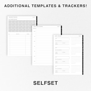 May include: Three printable planner pages with black text and lines on a white background. The pages are titled "Reading Tracker", "Gratitude Journal", and "Habit Tracker".