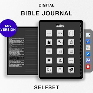 May include: Digital Bible Journal in ASV version with an index page showing different sections like Old Testament, New Testament, Scripture Journal, Notes, Chapter Summary, and more.
