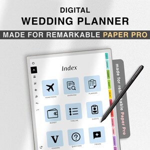 May include: A digital wedding planner designed for the Remarkable Paper Pro tablet. The planner features a blue and white interface with icons for honeymoon, overview, planning, budget, timeline, guests, vendors, questions, and trends. The tablet is on a white surface with a black stylus.