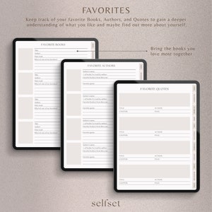 Peut inclure: Planificateur num&eacute;rique avec des sections pour les livres, les auteurs et les citations pr&eacute;f&eacute;r&eacute;s. Le planificateur a une palette de couleurs neutres avec le mot "FAVORITES" en haut. Le texte "Bring the books you love most together" est &eacute;galement inclus.