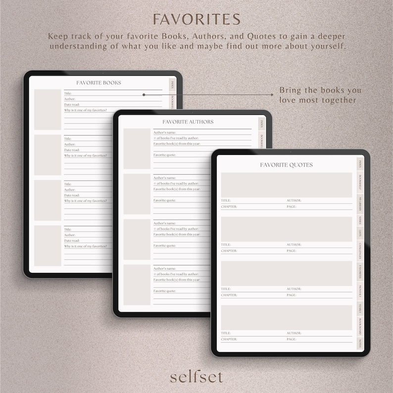 Peut inclure: Planificateur num&eacute;rique avec des sections pour les livres, les auteurs et les citations pr&eacute;f&eacute;r&eacute;s. Le planificateur a une palette de couleurs neutres avec le mot "FAVORITES" en haut. Le texte "Bring the books you love most together" est &eacute;galement inclus.