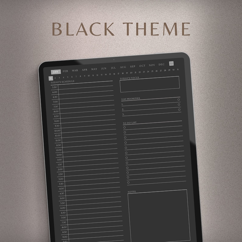 May include: A digital planner with a black theme displayed on a tablet. The screen shows a daily schedule, to-do list, and sections for focus and notes. The text "BLACK THEME" is at the top of the image.
