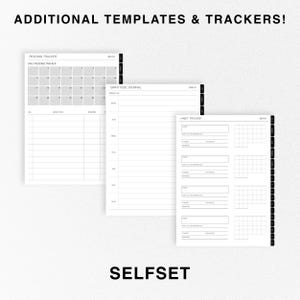 May include: Three printable planner pages with black text and lines on a white background. The pages are titled "Reading Tracker", "Gratitude Journal", and "Habit Tracker".