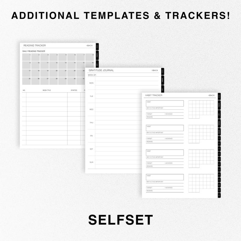 May include: Three printable planner pages with black text and lines on a white background. The pages are titled "Reading Tracker", "Gratitude Journal", and "Habit Tracker".