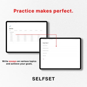 May include: A screenshot of a website showing a list of essay topics and a blank page for writing an essay. The text "Practice makes perfect." is at the top of the image. The text "Write essays on various topics and achieve your goals." is at the bottom of the image. The website is called "SELFSET".