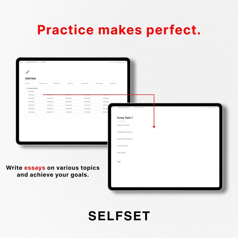 May include: A screenshot of a website showing a list of essay topics and a blank page for writing an essay. The text "Practice makes perfect." is at the top of the image. The text "Write essays on various topics and achieve your goals." is at the bottom of the image. The website is called "SELFSET".