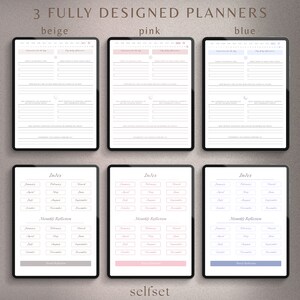 May include: Three digital planner templates in beige, pink, and blue. Each planner features a monthly index, monthly reflection, and yearly reflection sections. The text "3 FULLY DESIGNED PLANNERS" appears at the top of the image.