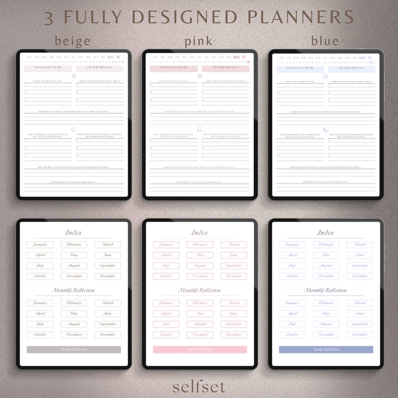 May include: Three digital planner templates in beige, pink, and blue. Each planner features a monthly index, monthly reflection, and yearly reflection sections. The text "3 FULLY DESIGNED PLANNERS" appears at the top of the image.
