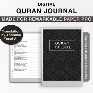 May include: A digital Quran journal with a black and white geometric pattern on the cover. The cover reads "Quran Journal" and "made for reMarkable Paper Pro". The journal includes a translation by Abdullah Yusuf Ali.