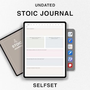 Op de afbeelding: Een digitale journaal-app op een tabletscherm met de titel "Stoic Journal" en prompts voor dagelijkse reflectie. De app is ontworpen om gebruikers te helpen de stoïcijnse filosofie te beoefenen.