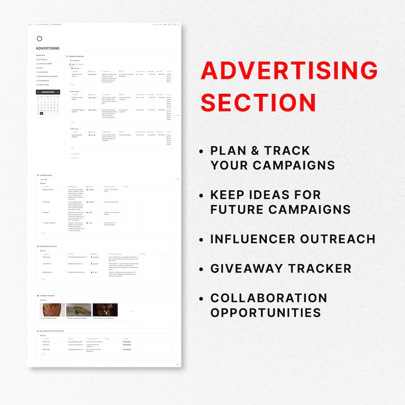 Puede incluir: Una captura de pantalla de una computadora que muestra un sitio web para administrar campa&ntilde;as publicitarias. El sitio web tiene un calendario, tablas y secciones para planificar y hacer un seguimiento de las campa&ntilde;as, mantener ideas para campa&ntilde;as futuras, alcance de influencers, seguimiento de obsequios y oportunidades de colaboraci&oacute;n.