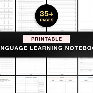 Puede incluir: Cuaderno de aprendizaje de idiomas imprimible con más de 35 páginas. El cuaderno incluye páginas para vocabulario, gramática, frases comunes, películas y series de televisión, y más.