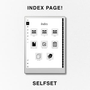 May include: A black and white image of a digital e-reader displaying an index page with the title "Index". The index page has icons for "Quran", "Juz", "Manzil", "Gratitude Journal", "Habit Tracker", "Reading Tracker", "Sections", and "Notes". The e-reader is labeled "SELFSET" at the bottom.