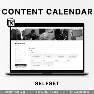 Puede incluir: Una imagen en blanco y negro de una pantalla de computadora port&aacute;til que muestra una plantilla de Notion para un calendario de contenido. La plantilla incluye secciones para plataformas de redes sociales como Instagram, TikTok, Facebook y YouTube. El texto "CONTENT CALENDAR" se muestra en la parte superior de la pantalla.