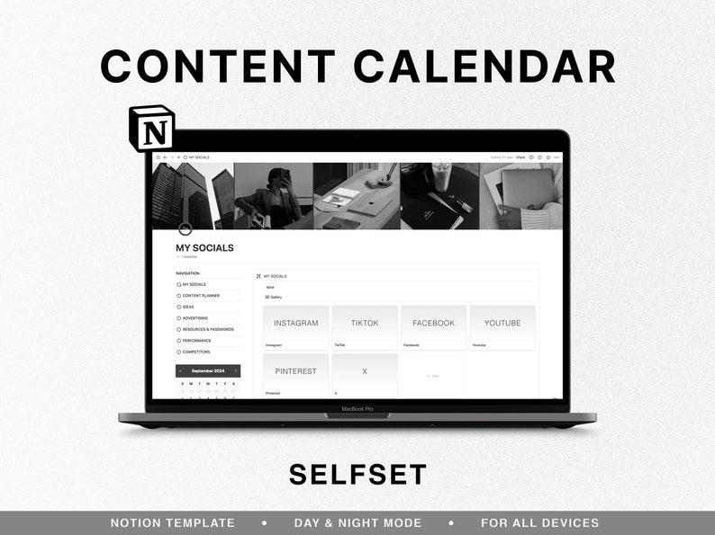 Puede incluir: Una imagen en blanco y negro de una pantalla de computadora port&aacute;til que muestra una plantilla de Notion para un calendario de contenido. La plantilla incluye secciones para plataformas de redes sociales como Instagram, TikTok, Facebook y YouTube. El texto "CONTENT CALENDAR" se muestra en la parte superior de la pantalla.