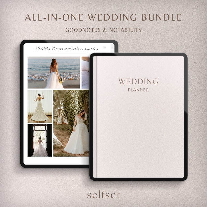 May include: A digital wedding planner on a tablet screen with the text "WEDDING PLANNER" and a collage of images of wedding dresses on another tablet screen. The text "ALL-IN-ONE WEDDING BUNDLE GOODNOTES & NOTABILITY" is at the top of the image.
