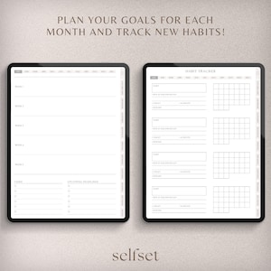 May include: A printable digital planner with a black and white design. The planner includes sections for weekly goals, tasks, upcoming deadlines, and a habit tracker. The habit tracker has a grid for each month of the year.