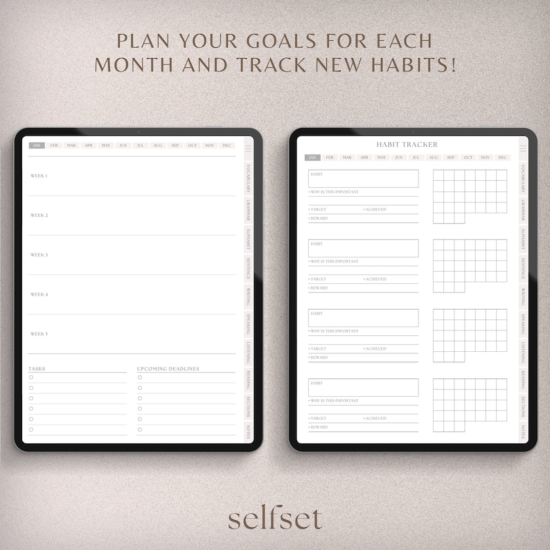 May include: A printable digital planner with a black and white design. The planner includes sections for weekly goals, tasks, upcoming deadlines, and a habit tracker. The habit tracker has a grid for each month of the year.