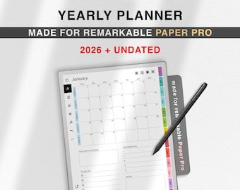 2026-planerare för reMarkable Paper Pro, odaterad, färgmallar för reMarkable Paper Pro, produktivitetsplanerare, hyperlänkad planerare