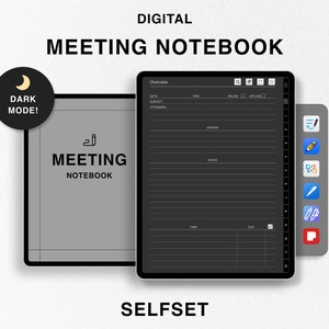 Digital Meeting Notebook, Dark Meeting Template, Editable Meeting Minutes, GoodNotes Planner, Business Project Record, Agenda, Note Taking