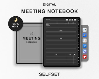 Digital Meeting Notebook, Dark Meeting Template, Editable Meeting Minutes, GoodNotes Planner, Business Project Record, Agenda, Note Taking