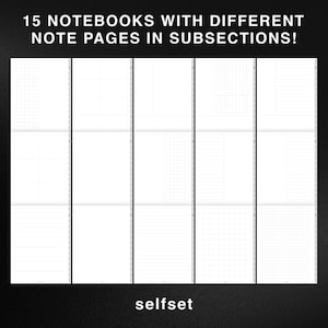 Puede incluir: 15 p&aacute;ginas de cuaderno diferentes con varios patrones de cuadr&iacute;cula y l&iacute;neas. Las p&aacute;ginas est&aacute;n en blanco y listas para tomar notas. El texto "selfset" est&aacute; en la parte inferior de la imagen.
