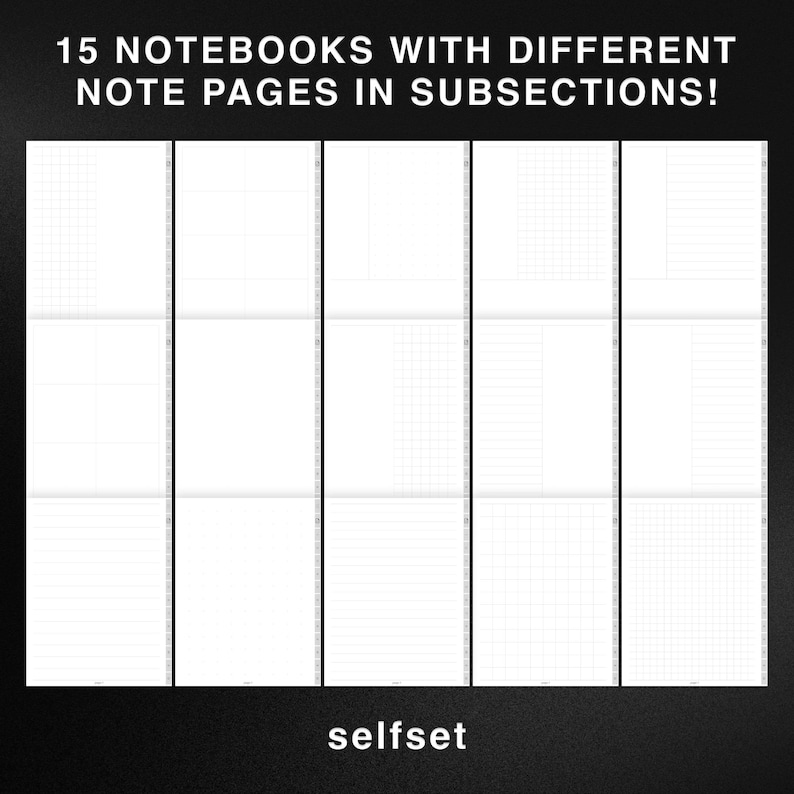 Puede incluir: 15 p&aacute;ginas de cuaderno diferentes con varios patrones de cuadr&iacute;cula y l&iacute;neas. Las p&aacute;ginas est&aacute;n en blanco y listas para tomar notas. El texto "selfset" est&aacute; en la parte inferior de la imagen.
