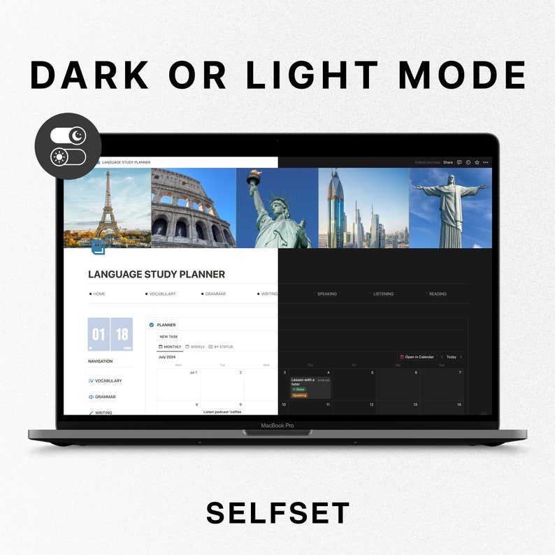 May include: A laptop computer displaying a website with a language study planner. The website has a dark mode theme with a calendar, navigation menu, and a planner section. The website also features images of famous landmarks from around the world.