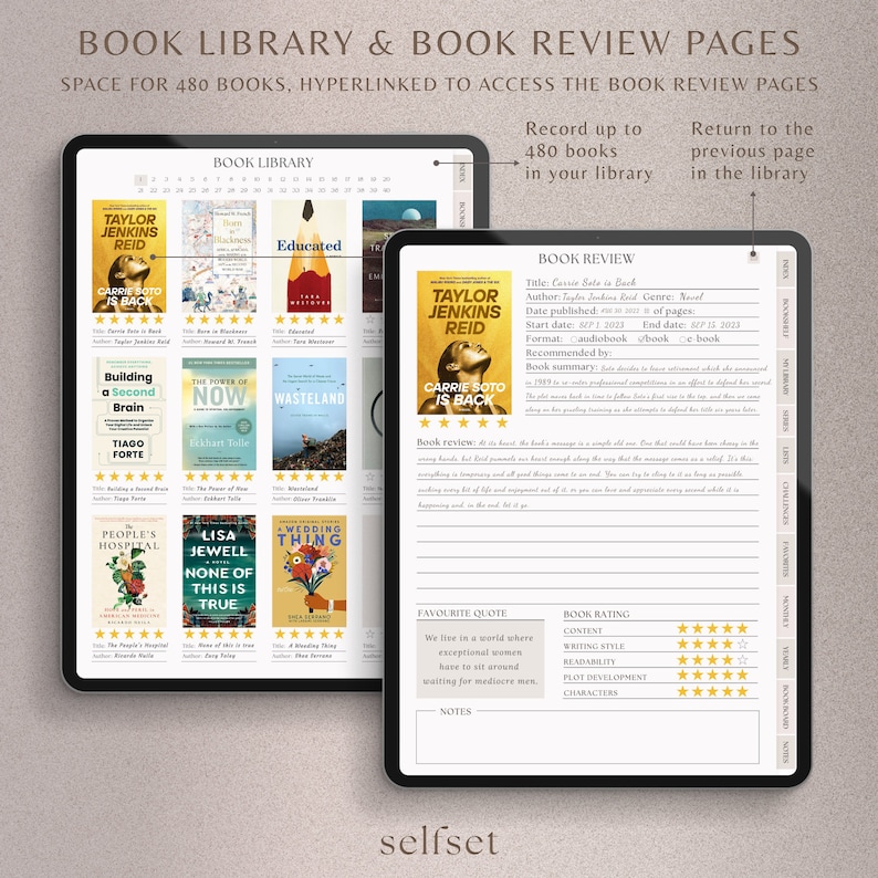 Peut inclure: Deux tablettes num&eacute;riques affichant une biblioth&egrave;que de livres et des pages de critiques. La biblioth&egrave;que montre des couvertures de livres, tandis que la page de critique comprend des champs pour le titre, l'auteur et les notes. Le texte &agrave; l'&eacute;cran indique "BOOK LIBRARY & BOOK REVIEW PAGES" et "Record up to 480 books in your library."