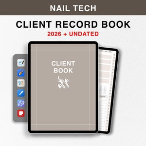 Digital klientjournalbok 2026 för nageltekniker, Goodnotes odaterad klientspårare, tidsbok för nageltekniker, klientjournal för nageltekniker