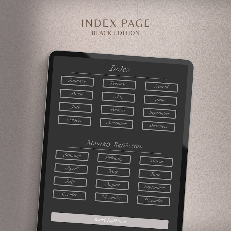 May include: A black and white digital planner with a monthly reflection section and a yearly reflection section. The planner is divided into months, with each month having a separate section for notes and reflections.