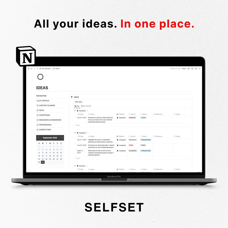 Puede incluir: Una captura de pantalla de una computadora port&aacute;til que muestra un sitio web con el texto "All your ideas. In one place." y un calendario para septiembre de 2024. El sitio web se llama "Selfset" y tiene una lista de ideas organizadas por plataforma, fuente, estado, referencia y notas.