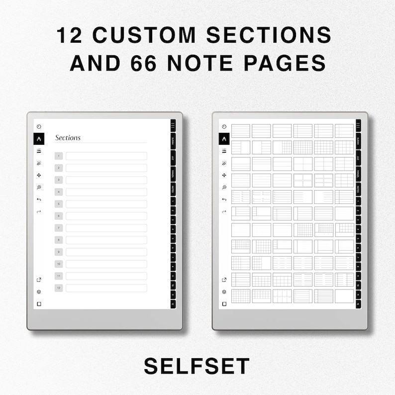 May include: A digital planner template with 12 custom sections and 66 note pages. The template is displayed on a white background.