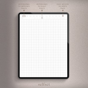 Puede incluir: Una plantilla de planificador digital con un dise&ntilde;o de cuadr&iacute;cula para cada mes del a&ntilde;o. La plantilla incluye hiperv&iacute;nculos a p&aacute;ginas mensuales y diarias, as&iacute; como una p&aacute;gina de &iacute;ndice de f&aacute;cil acceso.