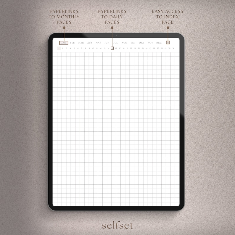 Puede incluir: Una plantilla de planificador digital con un dise&ntilde;o de cuadr&iacute;cula para cada mes del a&ntilde;o. La plantilla incluye hiperv&iacute;nculos a p&aacute;ginas mensuales y diarias, as&iacute; como una p&aacute;gina de &iacute;ndice de f&aacute;cil acceso.