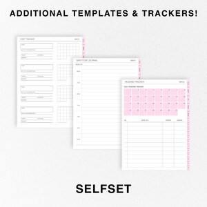 Peut inclure: Trois pages de planificateur imprimables avec un sch&eacute;ma de couleurs rose et blanc. Les pages comprennent un suivi des habitudes, un journal de gratitude et un suivi de la lecture. Le texte "SELFSET" est imprim&eacute; en bas de la page.