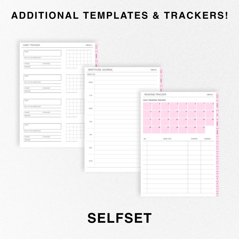Peut inclure: Trois pages de planificateur imprimables avec un sch&eacute;ma de couleurs rose et blanc. Les pages comprennent un suivi des habitudes, un journal de gratitude et un suivi de la lecture. Le texte "SELFSET" est imprim&eacute; en bas de la page.