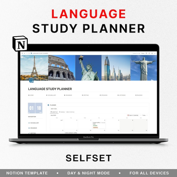 Language Study Planner for Notion, Notion Template, Study and Learn English, Chinese, French, Spanish, German, Vocabulary Workbook, Grammar