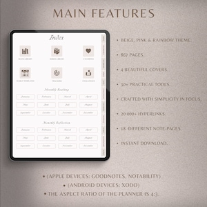 Peut inclure: Un agenda num&eacute;rique affich&eacute; sur une tablette, avec un index, des sections de lecture et de r&eacute;flexion mensuelles, et divers outils. L'agenda a un th&egrave;me beige, rose et arc-en-ciel, 867 pages et 4 couvertures. Comprend 20 000+ hyperliens et 18 pages de notes. Le format est de 4:3.