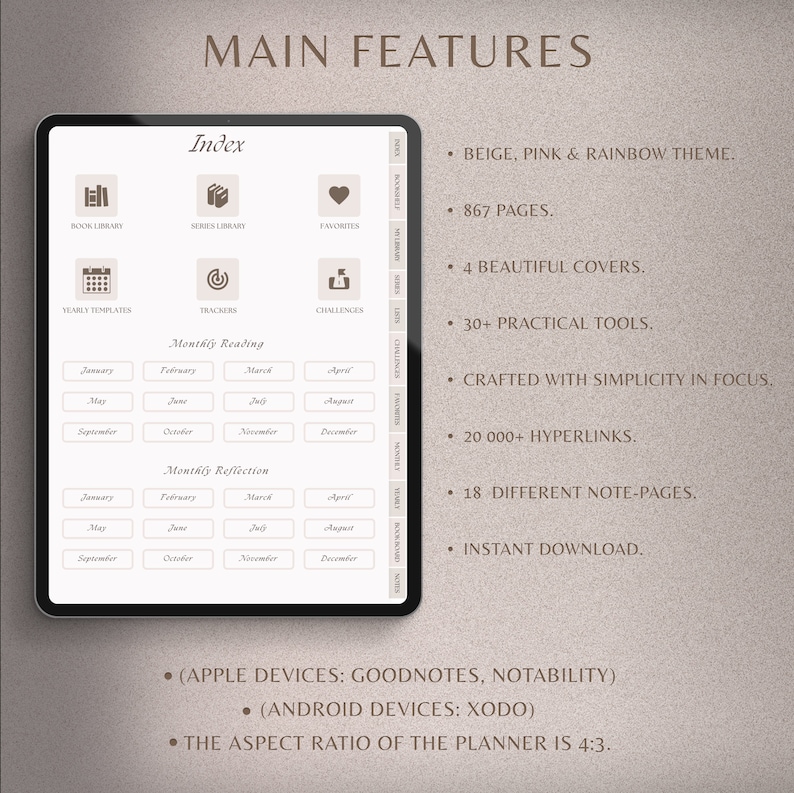 Peut inclure: Un agenda num&eacute;rique affich&eacute; sur une tablette, avec un index, des sections de lecture et de r&eacute;flexion mensuelles, et divers outils. L'agenda a un th&egrave;me beige, rose et arc-en-ciel, 867 pages et 4 couvertures. Comprend 20 000+ hyperliens et 18 pages de notes. Le format est de 4:3.