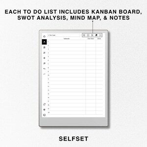 May include: A black and white image of a digital to-do list app on a tablet. The app has a list of tasks with subtasks, due dates, and a done column. The app also has a Kanban board, SWOT analysis, mind map, and notes features. The text on the screen reads "EACH TO DO LIST INCLUDES KANBAN BOARD, SWOT ANALYSIS, MIND MAP, & NOTES" and "SELFSET".