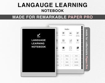 Może przedstawiać: Czarno-biały cyfrowy notes z tekstem "LANGUAGE LEARNING NOTEBOOK" na okładce. Notes jest przeznaczony do tabletu reMarkable Paper Pro. Notes zawiera stronę indeksu z ikonami dla różnych sekcji, w tym gramatyki, alfabetu i słownictwa.