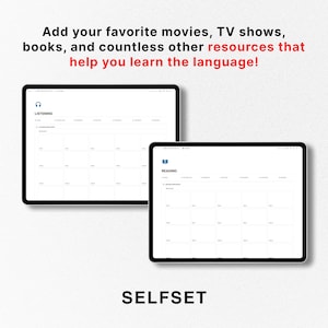 May include: Screenshot of a computer screen showing a website with a white background and black text. The website is for a language learning app called "Selfset". The website has two sections: "Listening" and "Reading". Each section has a grid of squares with different topics listed in each square. The website is designed to help users learn a new language by providing them with resources such as movies, TV shows, books, and other materials.