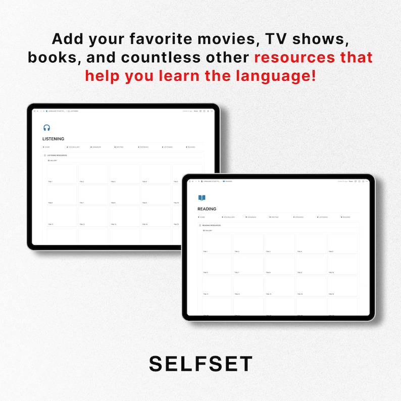 May include: Screenshot of a computer screen showing a website with a white background and black text. The website is for a language learning app called "Selfset". The website has two sections: "Listening" and "Reading". Each section has a grid of squares with different topics listed in each square. The website is designed to help users learn a new language by providing them with resources such as movies, TV shows, books, and other materials.