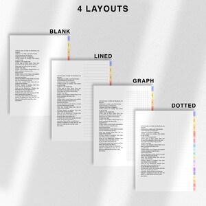 May include: Four different notebook layouts are shown: blank, lined, graph, and dotted. Each layout has a colorful vertical side bar with a quote in Arabic script. The quote is in English below the Arabic script.