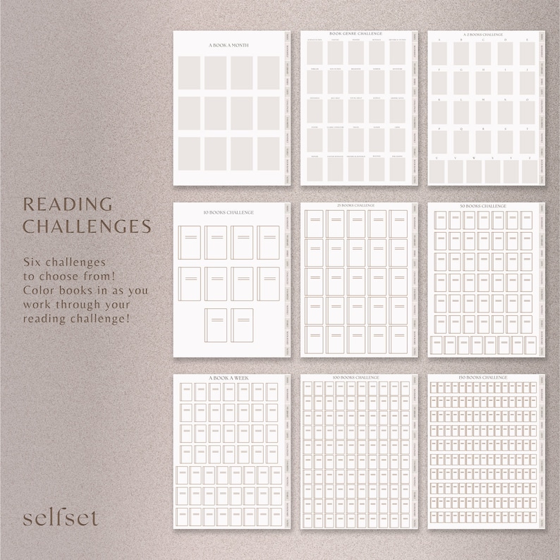 Peut inclure: Plusieurs trackers de d&eacute;fis de lecture avec des objectifs vari&eacute;s, comme "Un livre par mois" et "D&eacute;fi 150 livres". Les trackers sont beiges avec des contours de livres &agrave; colorier. Le texte "D&eacute;fis de lecture" et "Six d&eacute;fis au choix !" est &eacute;galement visible.