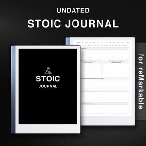 以下が含まれることがあります： reMarkableタブレット用の日付なしのストイックジャーナル。ジャーナルは、"STOIC JOURNAL"という言葉と山のアイコンが付いた黒い表紙が付いています。開いたジャーナルには、プロンプト付きの罫線ページが表示されます。テキスト "for reMarkable" は黒い背景にあります。