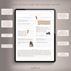 May include: A pink and white digital planner with the text "Invest in Self-Care for Lifelong Health" at the top. The planner includes sections for daily affirmations, meals, workouts, self-care rituals, and reflections. The planner also includes a section for tracking mood, sleep, and water intake.