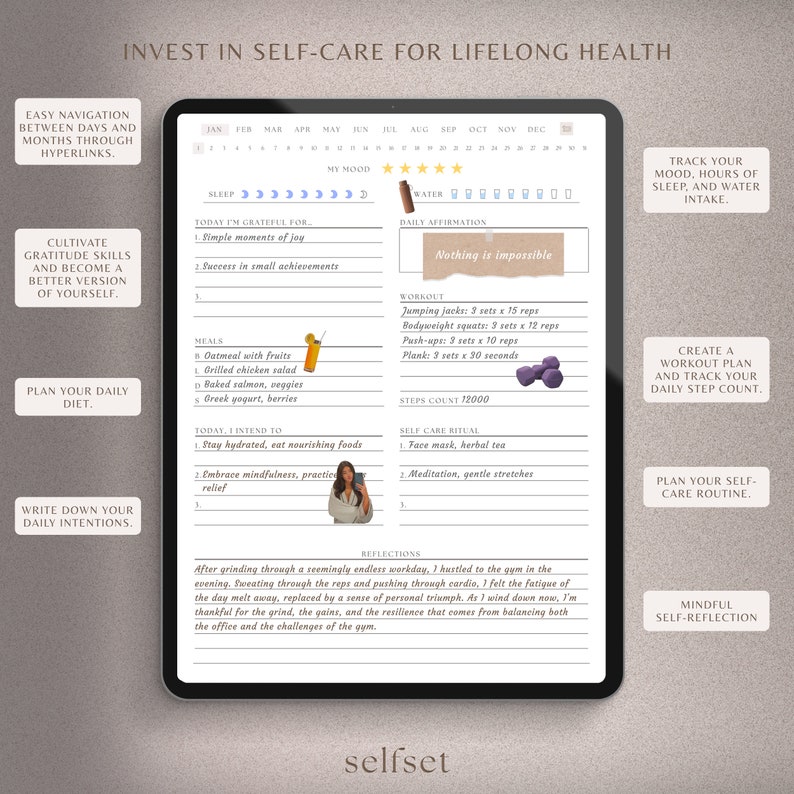 May include: A pink and white digital planner with the text "Invest in Self-Care for Lifelong Health" at the top. The planner includes sections for daily affirmations, meals, workouts, self-care rituals, and reflections. The planner also includes a section for tracking mood, sleep, and water intake.